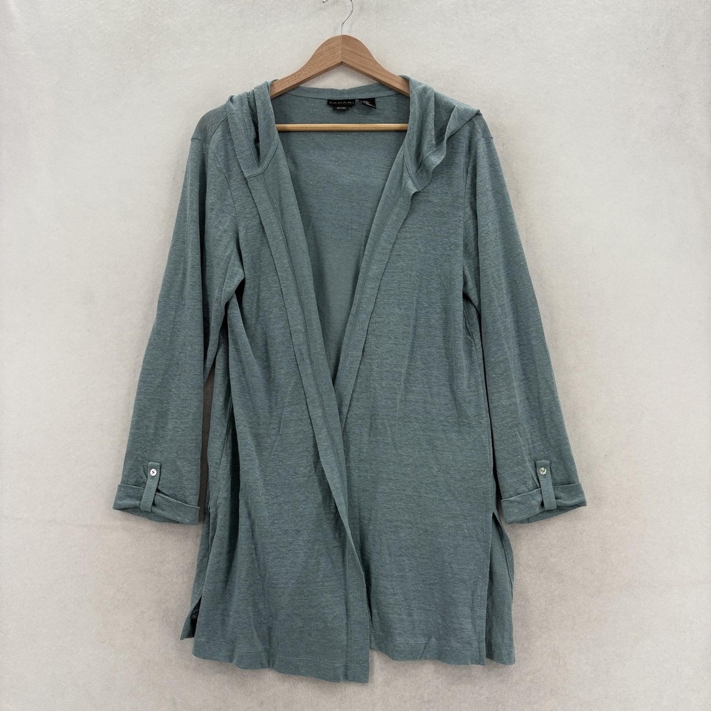 Tahari Sweater Womens Medium Green Linen Hooded Open Front Knit Lightweight Boho